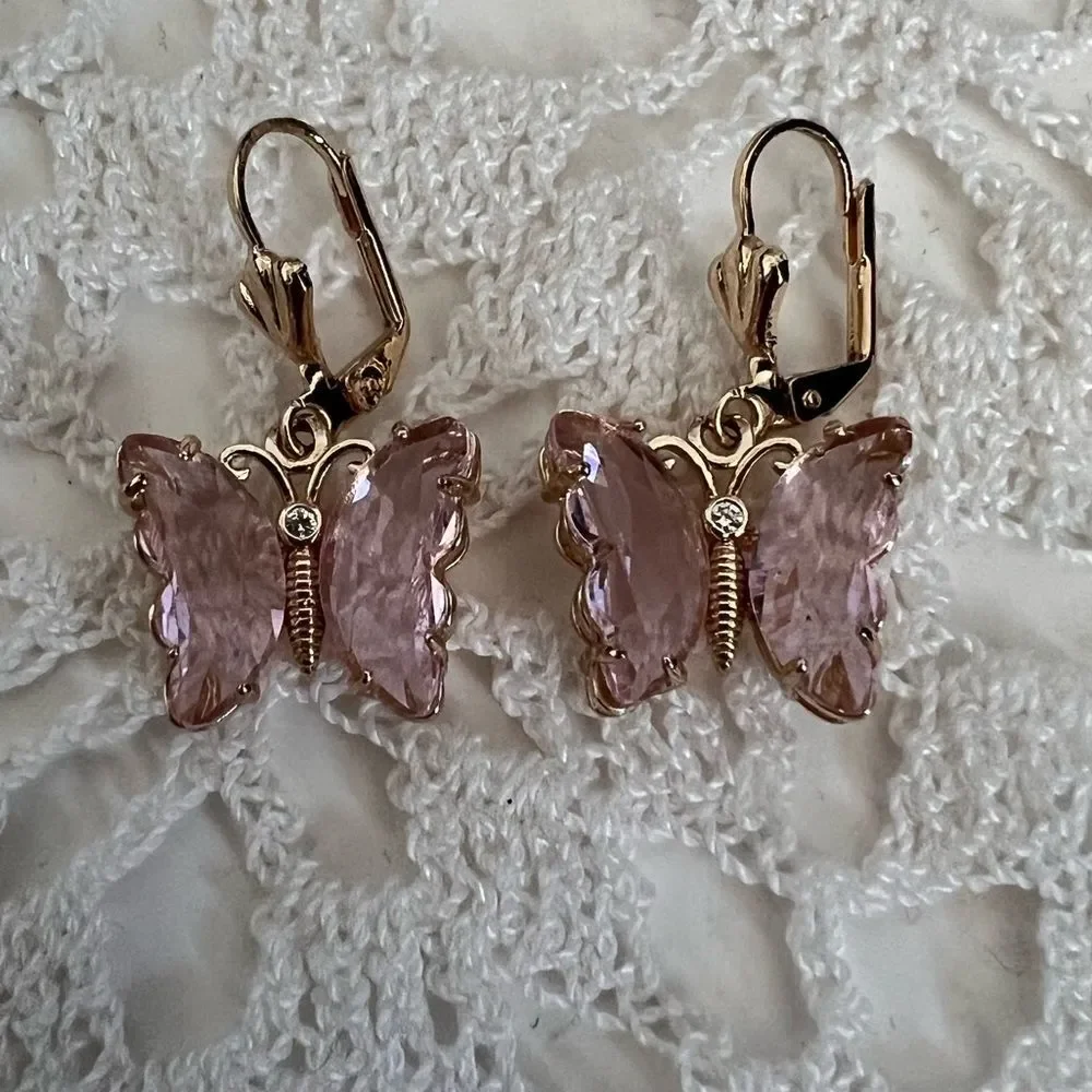 Gold Tone Pink Butterfly Jewelry Set Sparkling Crystal Wings Necklace Earrings